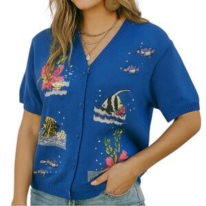 Vintage Tabi International Fish Embroidered Boho Cottagecore Cardigan Medium